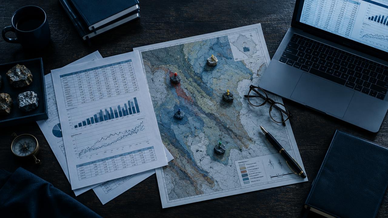 Exploration maps, financial reports and a laptop spread across a dark desk